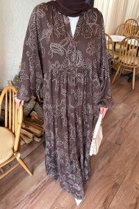 Lamelif Katleye Desenli Tesettür Elbise Kahverengi