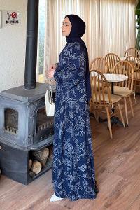 Lamelif Katleye Desenli Tesettür Elbise Lacivert