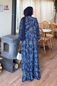 Lamelif Katleye Desenli Tesettür Elbise Lacivert