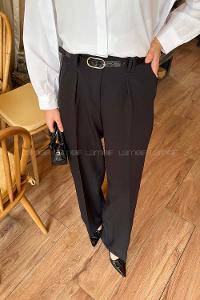 Lamelif Kemerli Pensli Pantolon Siyah