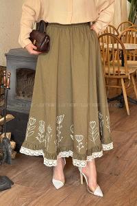 Lamelif Nakışlı Etek Haki