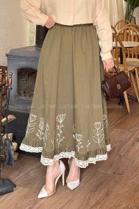 Lamelif Nakışlı Etek Haki