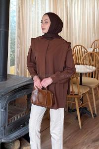 Lamelif Omuz Vatka Detaylı Tesettür Gömlek Acı Kahve