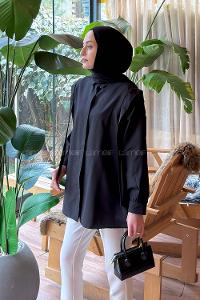 Lamelif Omuz Vatka Detaylı Tesettür Gömlek Siyah