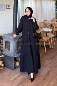 Lamelif Ön Yarım Düğme Detaylı Müslin Kumaş Tesettür Elbise Siyah