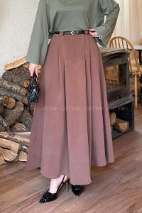 Lamelif Pileli Kemerli Etek Soft Kahve