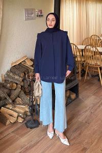 Navy Blue Shirt Collar Long Arm Cotton Shirt