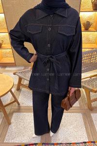 Dark Blue Shirt Collar Long Arm Denim Regular Trousers Denim Suit
