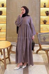 Lamelif Balon Kol Uzun Tesettür Elbise Soft Kahve