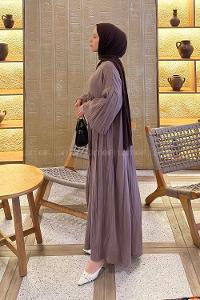 Lamelif Balon Kol Uzun Tesettür Elbise Soft Kahve