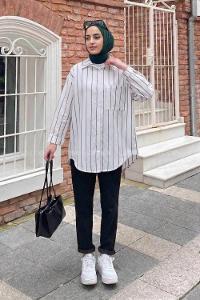 Lamelif Cep Detaylı Çizgili Gömlek Soft Kahve