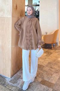 Lamelif Flores Fırfırlı Tunik Soft Kahve