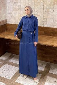 Lamelif Gold Toka Detaylı Etekli Takım İndigo