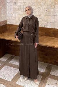 Lamelif Gold Toka Detaylı Etekli Takım Kahverengi