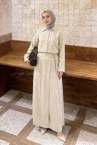 Lamelif Gold Toka Detaylı Etekli Takım Krem