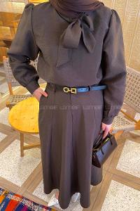 Lamelif Kravat Yaka Etekli Takım Acı Kahve