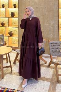 Claret Red Mandarin Collar Cotton Unprinted Dresess