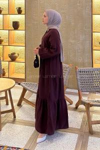 Claret Red Mandarin Collar Cotton Unprinted Dresess