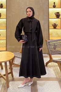 Dark Brown Normal Neck Long Arm Denim Flare Suit