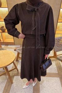 Dark Brown Normal Neck Long Arm Denim Flare Suit