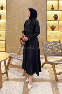 Lamelif Yakası Kuşaklı Kot Takım Koyu Mavi