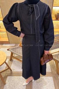 Lamelif Yakası Kuşaklı Kot Takım Koyu Mavi