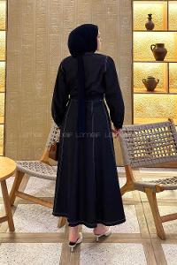 Lamelif Yakası Kuşaklı Kot Takım Koyu Mavi