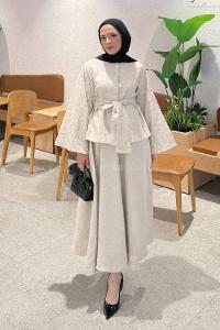 Lamelif Etekli Bağlamalı Takım Taş Rengi