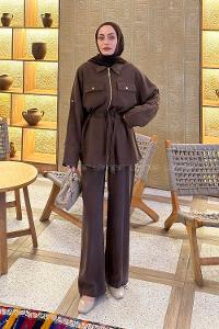 Lamelif Fermuarlı Modal Takım Kahverengi