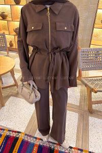 Lamelif Fermuarlı Modal Takım Kahverengi