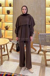 Lamelif Modal Pelerinli Takım Kahve