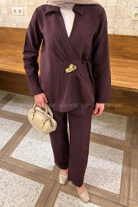 Lamelif Toka Detaylı Pantolonlu İkili Takım Mürdüm