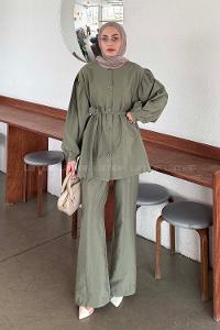 Khaki Crew Neck Long Arm Linen Regular Trousers Comfortable Suit