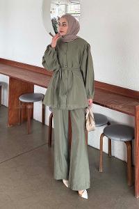 Khaki Crew Neck Long Arm Linen Regular Trousers Comfortable Suit