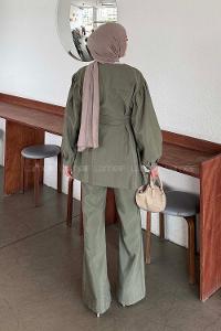 Khaki Crew Neck Long Arm Linen Regular Trousers Comfortable Suit