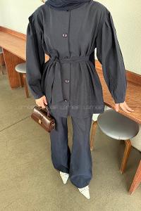 Navy Blue Crew Neck Long Arm Linen Regular Trousers Comfortable Suit