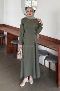 Lamelif Bel Kemer Detaylı Tesettür Elbise Haki