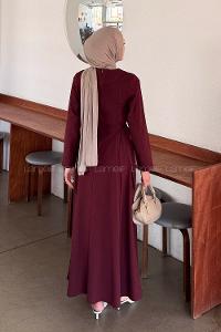 Lamelif Bel Kemer Detaylı Tesettür Elbise Mürdüm