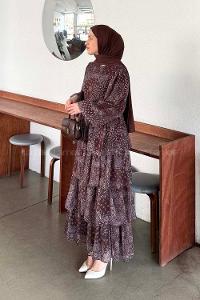 Lamelif Etnik Desen Katlı Elbise Kahverengi