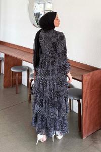Black Crew Neck Crepe Fabric Printed Dresess