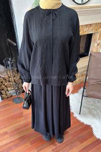 Black Crew Neck Long Arm Viscose Fabric Flare Suit