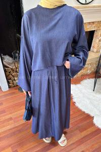 Lamelif Etekli Tesettür Takım Koyu Mavi