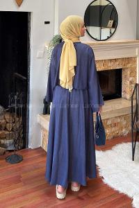 Lamelif Etekli Tesettür Takım Koyu Mavi