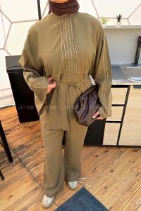 Lamelif Nakışlı Pantolonlu Takım Haki