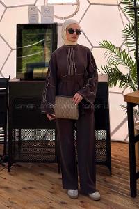 Lamelif Nakışlı Pantolonlu Takım Koyu Kahverengi