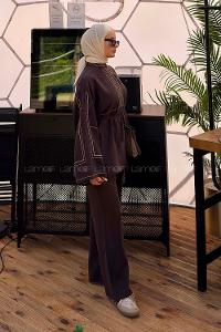 Lamelif Nakışlı Pantolonlu Takım Koyu Kahverengi