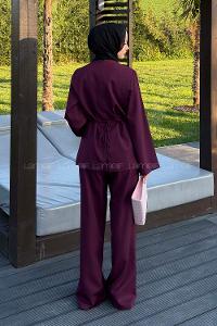 Lamelif Ön Kapama Detaylı Pantolonlu Takım Mürdüm