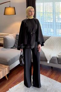 Lamelif Pelerinli Pantolonlu Takım Koyu Kahverengi