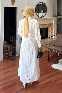 Lamelif Puantiyeli Bağlamalı Elbise Beyaz