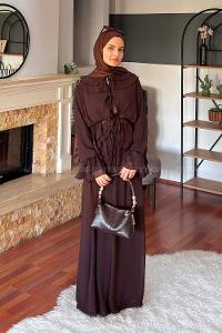 Lamelif Volan Detaylı Şifon Pantolonlu Takım Acı Kahve